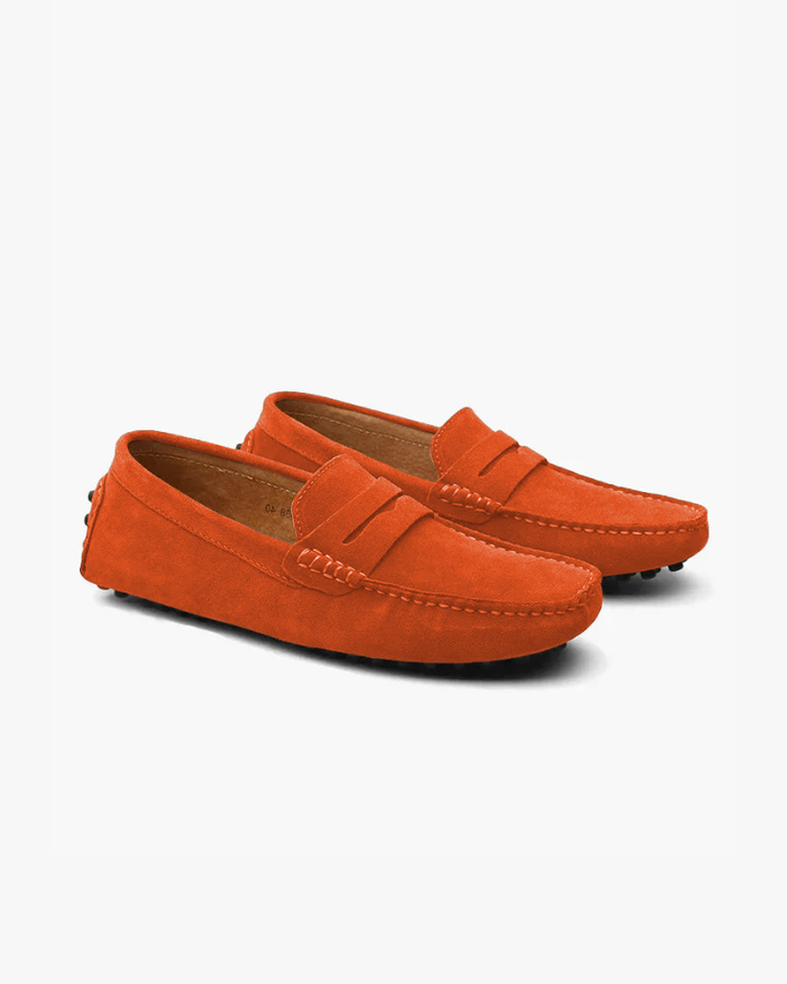 Men's penny loafers with rounded moc toes, vamp straps and stitched detailing