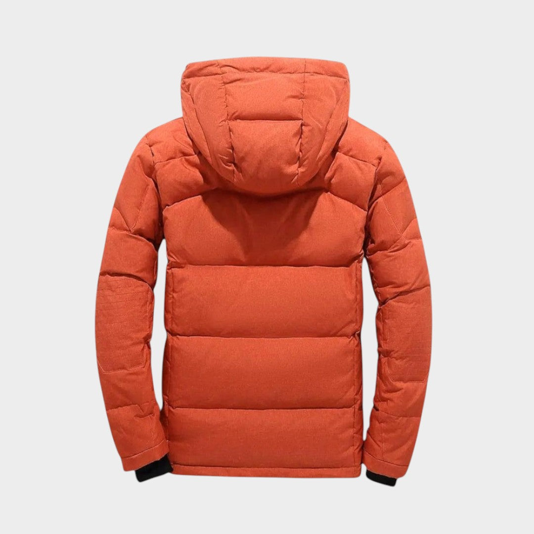 Men's hooded quilted winter jacket with zip front and multiple pockets