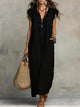 Women's bohemian maxi dress with V-neck ruffled front, short sleeves and side pockets in grey and green