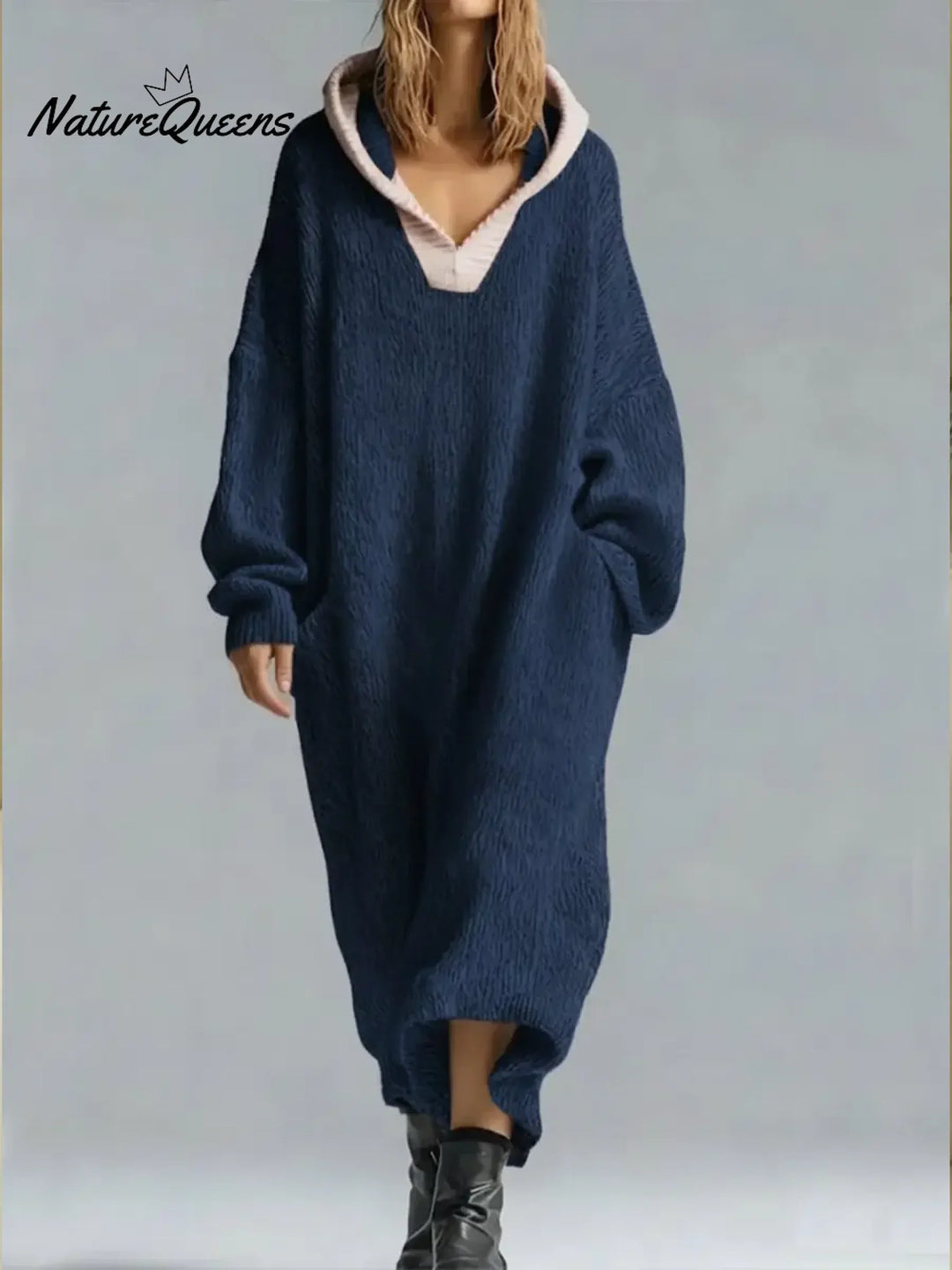 Women's oversized textured hooded knit midi sweater dress with long sleeves