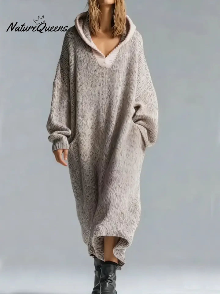 Women's oversized textured hooded knit midi sweater dress with long sleeves