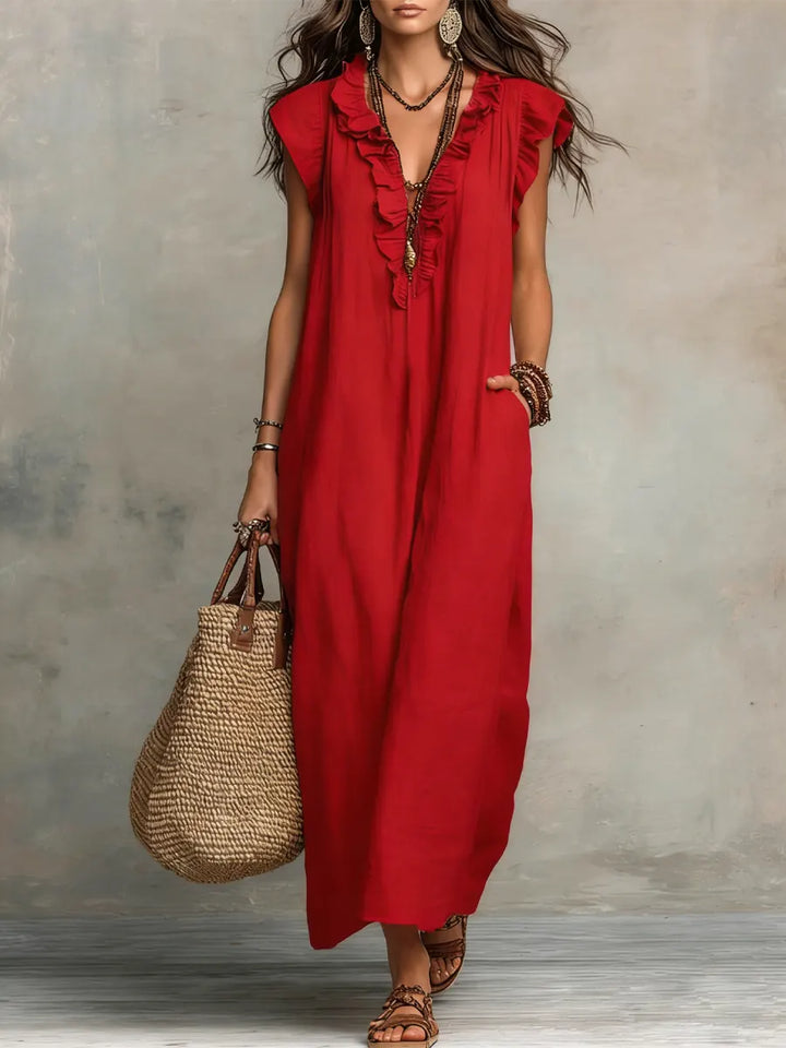 Women's bohemian maxi dress with V-neck ruffled front, short sleeves and side pockets in grey and green