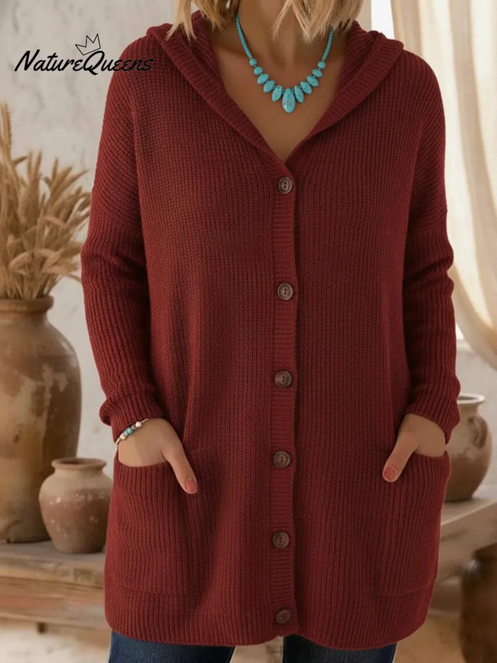 Women's ribbed hooded button-front longline cardigan with patch pockets