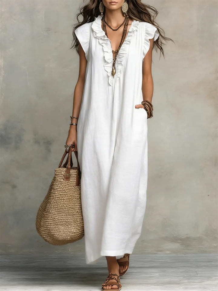 Women's bohemian maxi dress with V-neck ruffled front, short sleeves and side pockets in grey and green