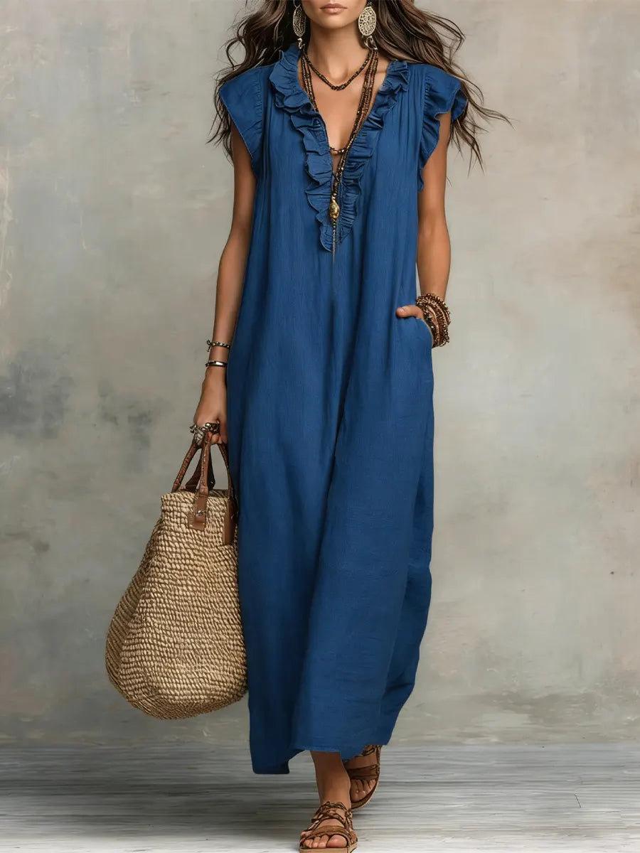 Women's bohemian maxi dress with V-neck ruffled front, short sleeves and side pockets in grey and green