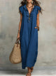 Women's bohemian maxi dress with V-neck ruffled front, short sleeves and side pockets in grey and green
