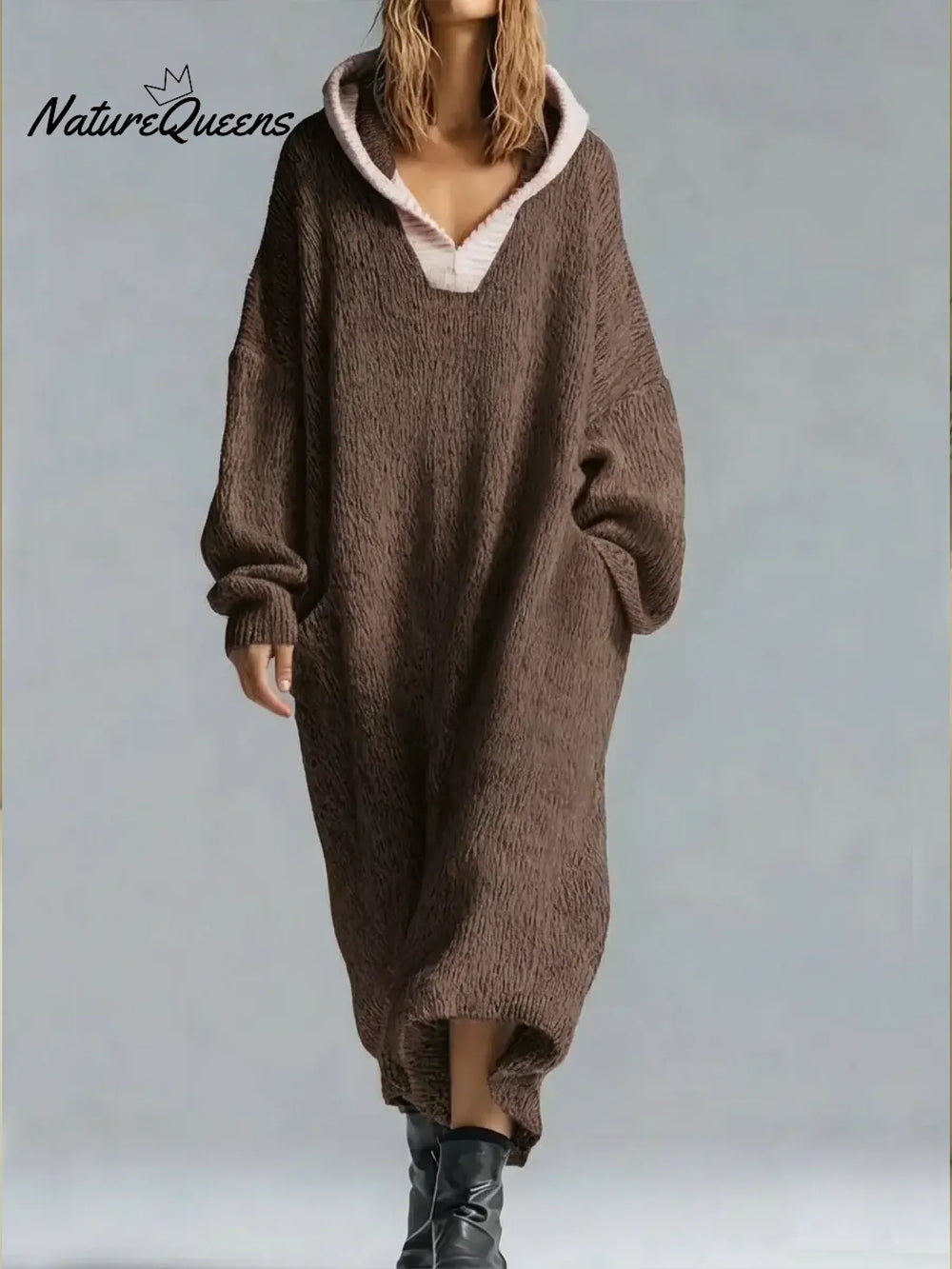 Women's oversized textured hooded knit midi sweater dress with long sleeves
