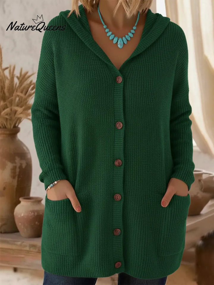 Women's ribbed hooded button-front longline cardigan with patch pockets