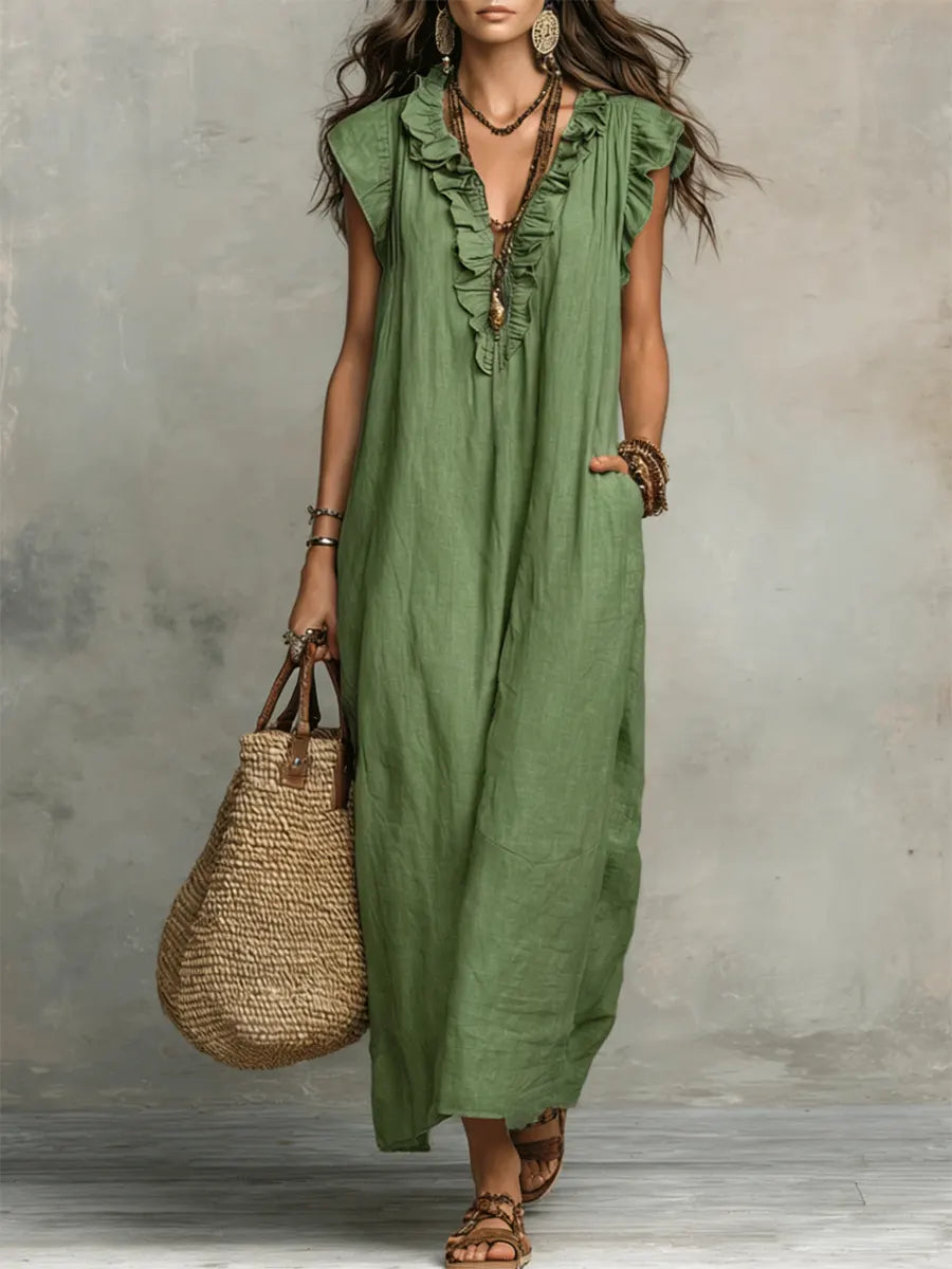 Women's bohemian maxi dress with V-neck ruffled front, short sleeves and side pockets in grey and green