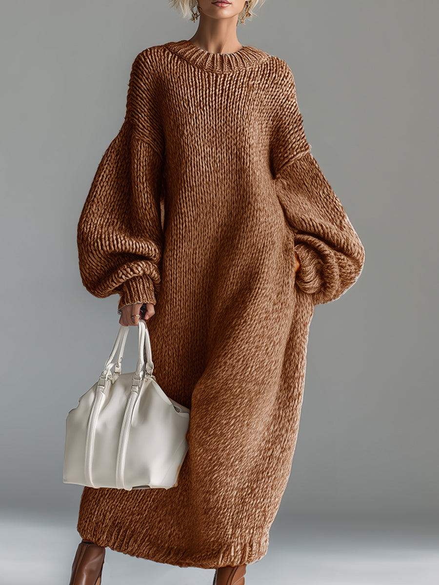 Women's full-length knit dress with crew neck and long balloon sleeves