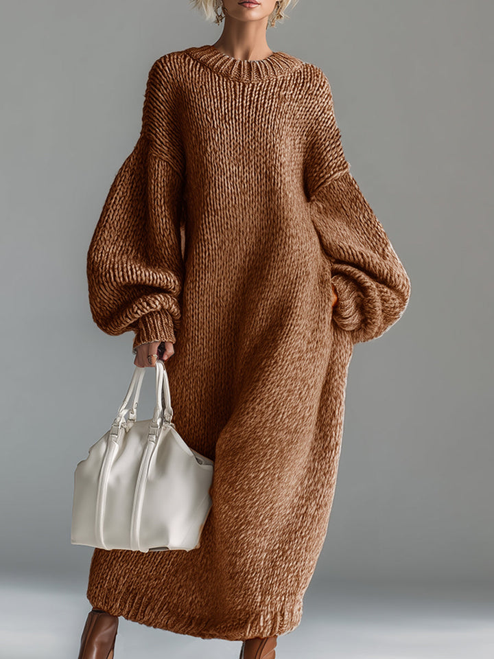 Women's full-length knit dress with crew neck and long balloon sleeves