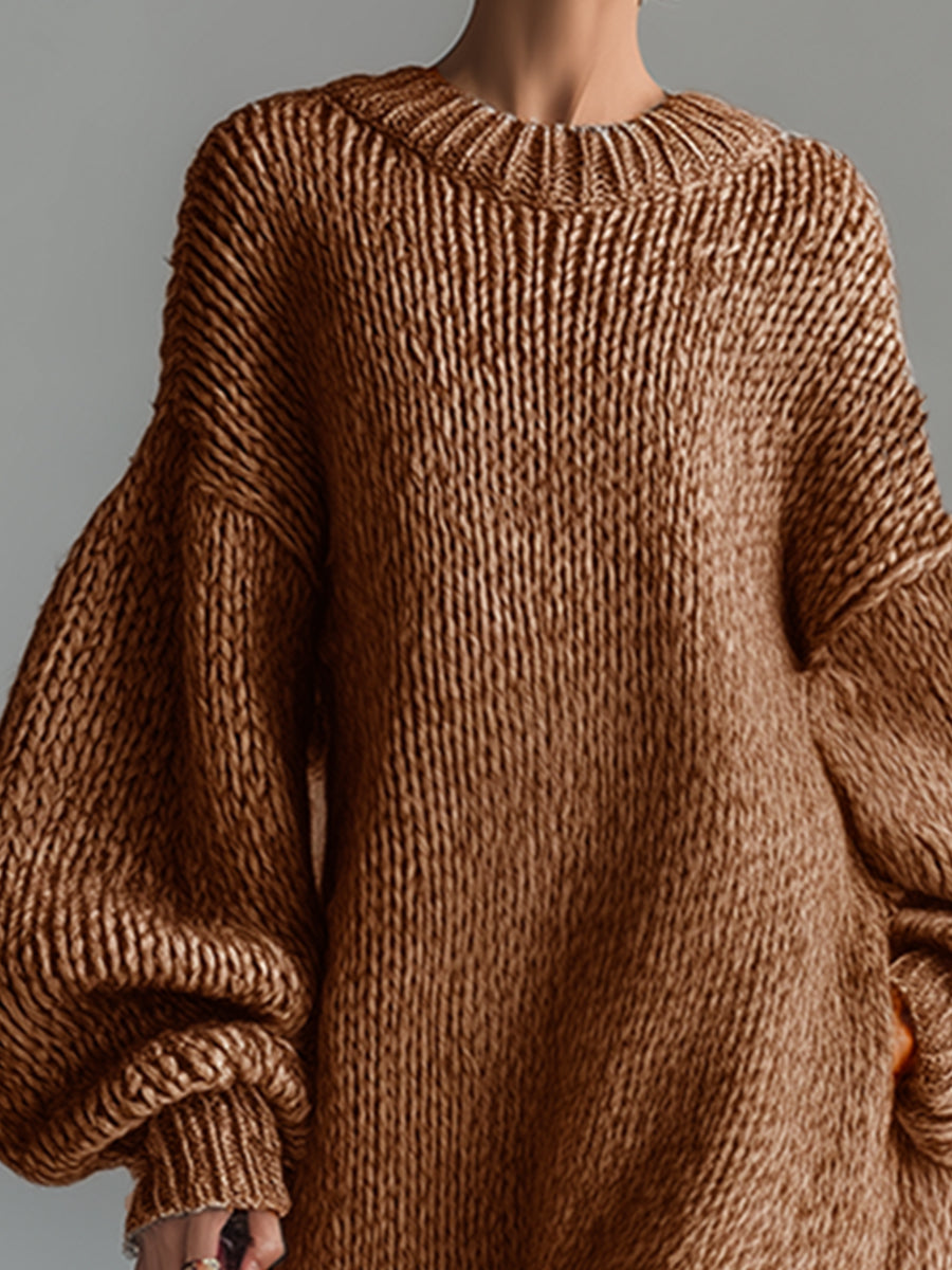 Women's full-length knit dress with crew neck and long balloon sleeves