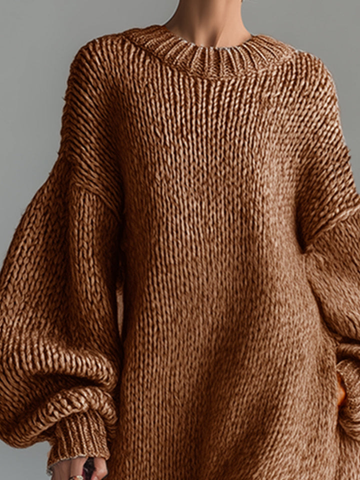 Women's full-length knit dress with crew neck and long balloon sleeves