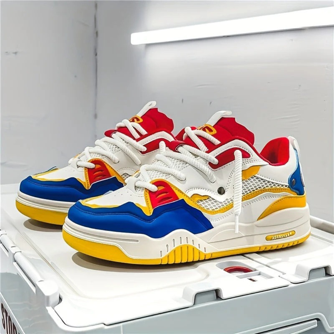 Modern layered lace-up sneakers with contrasting panels and chunky soles