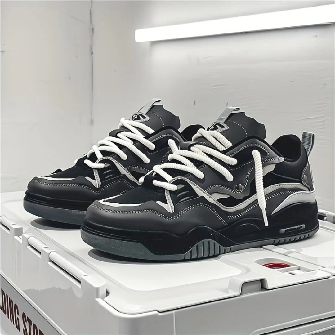 Modern layered lace-up sneakers with contrasting panels and chunky soles