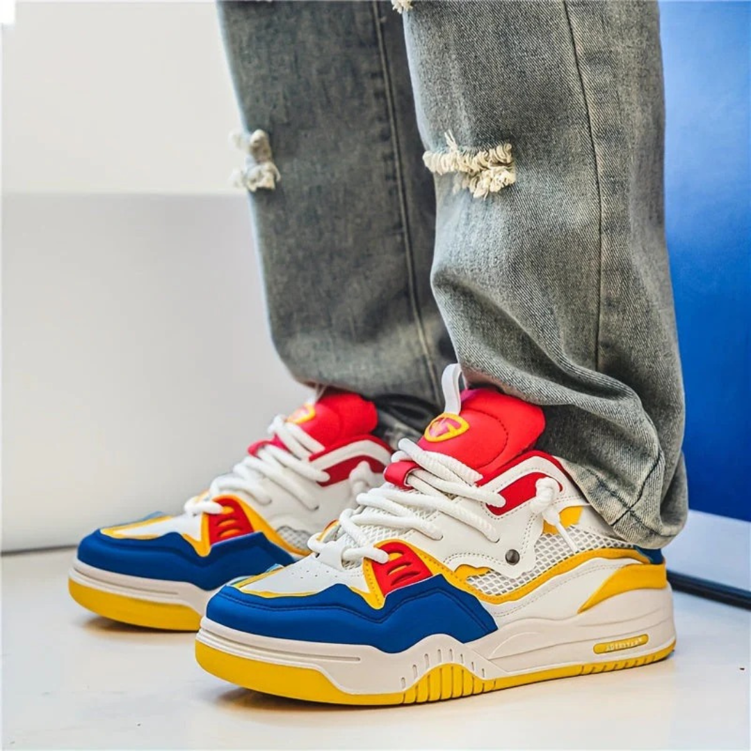 Modern layered lace-up sneakers with contrasting panels and chunky soles