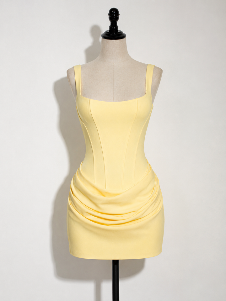 Women's Corset Bodycon Mini Dress, Draped Skirt, Square Neck