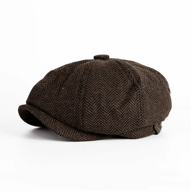 Eight-panel herringbone baker boy cap with short brim