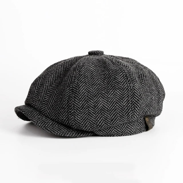 Eight-panel herringbone baker boy cap with short brim