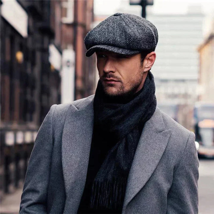 Eight-panel herringbone baker boy cap with short brim
