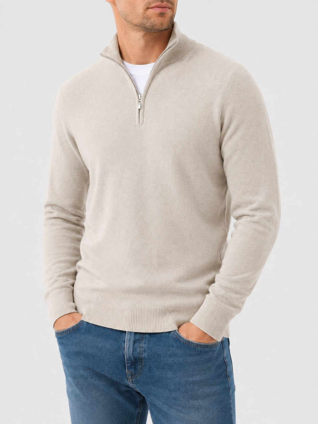 Men's long-sleeve quarter-zip knit sweater with mock neck and ribbed trims