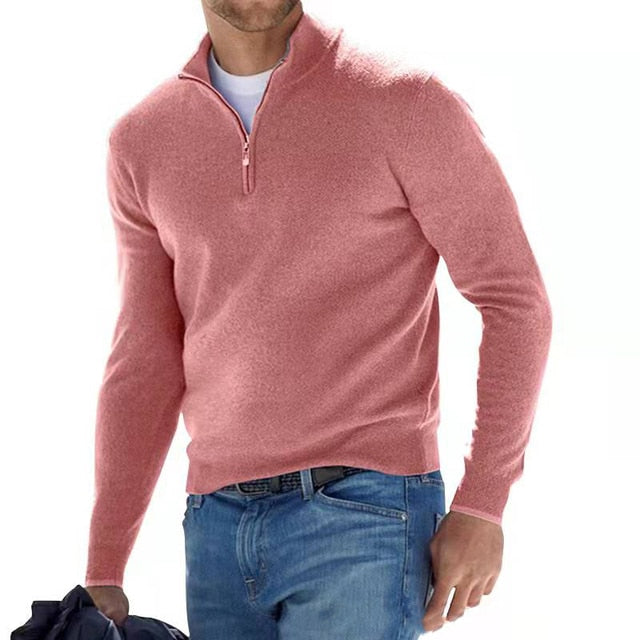 Men's long-sleeve quarter-zip knit sweater with mock neck and ribbed trims