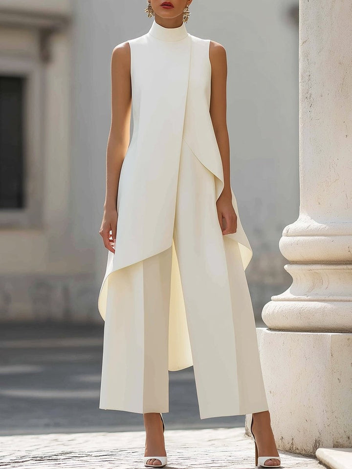 Women's sleeveless high-neck outfit set with asymmetric overlay top and wide-leg cropped trousers