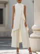 Women's sleeveless high-neck outfit set with asymmetric overlay top and wide-leg cropped trousers