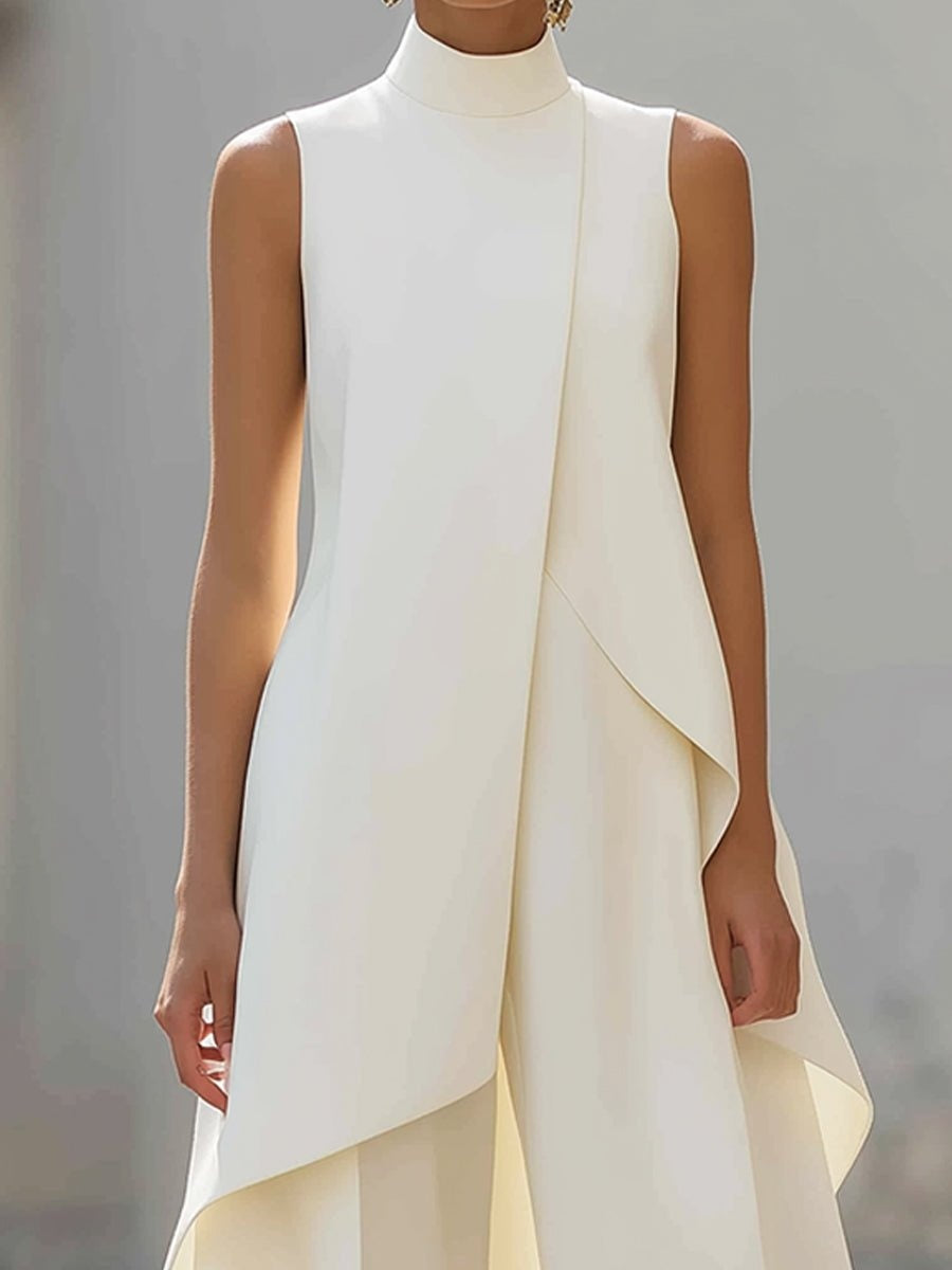 Women's sleeveless high-neck outfit set with asymmetric overlay top and wide-leg cropped trousers
