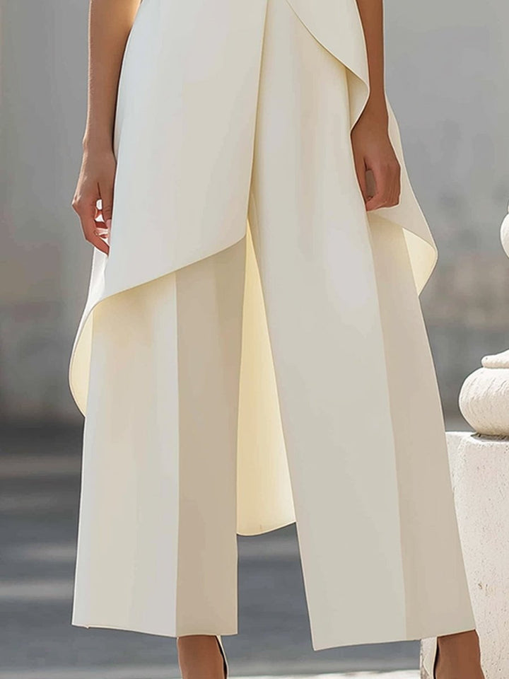 Women's sleeveless high-neck outfit set with asymmetric overlay top and wide-leg cropped trousers