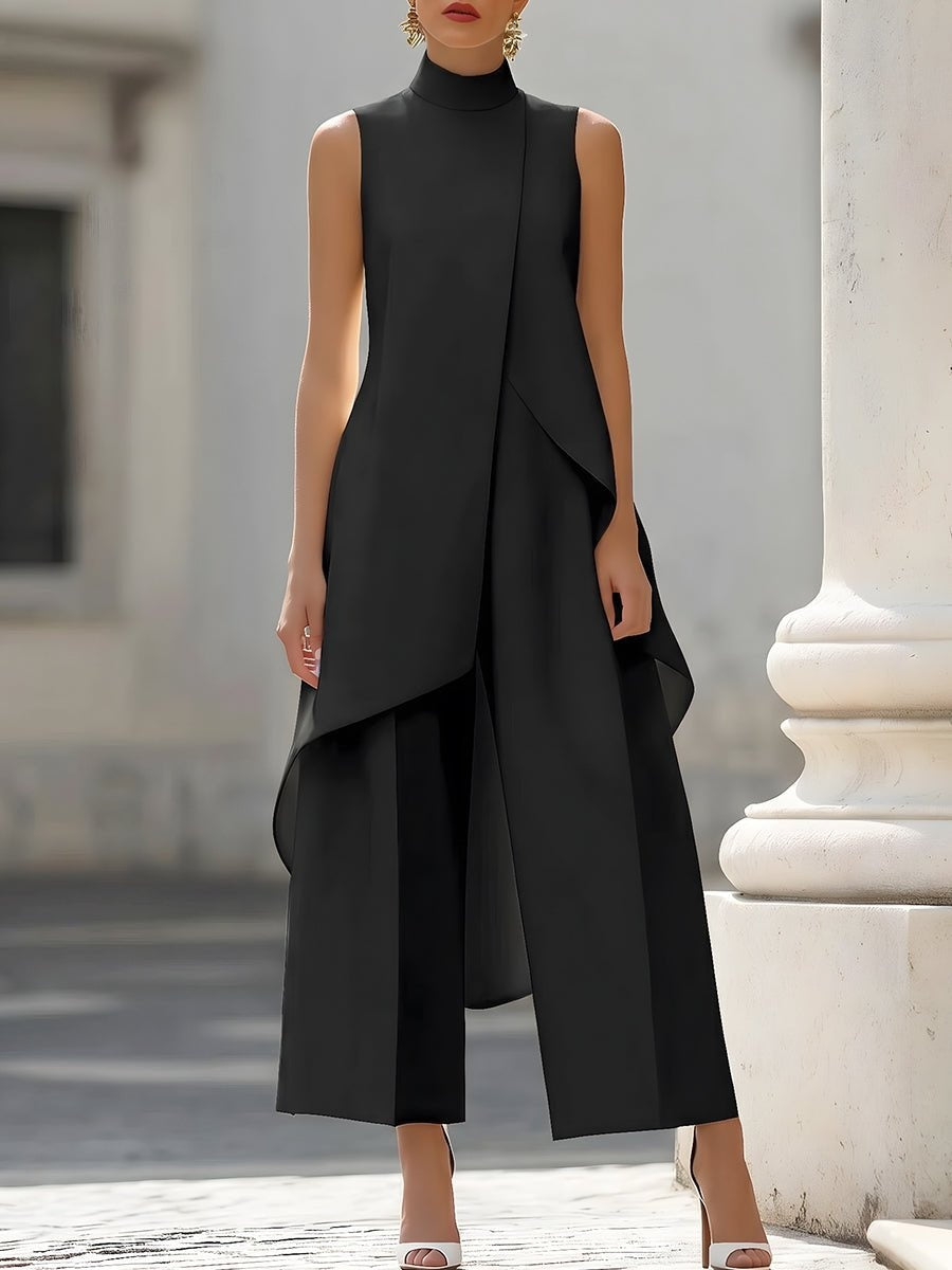 Women's sleeveless high-neck outfit set with asymmetric overlay top and wide-leg cropped trousers