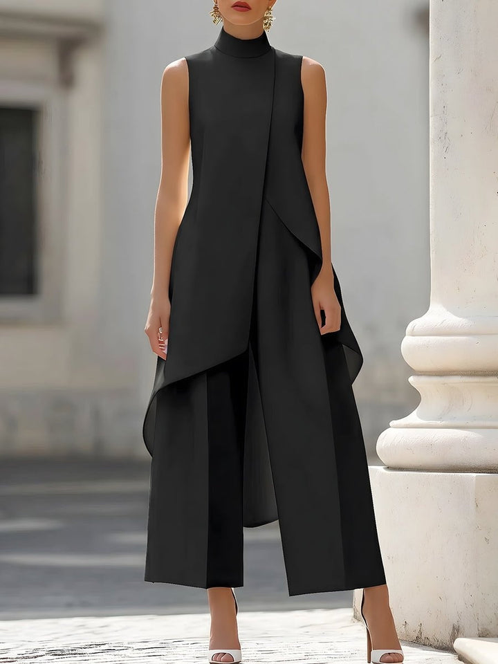 Women's sleeveless high-neck outfit set with asymmetric overlay top and wide-leg cropped trousers