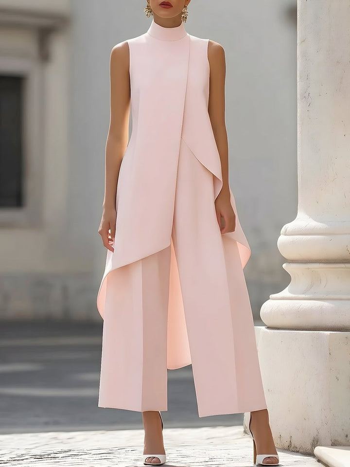Women's sleeveless high-neck outfit set with asymmetric overlay top and wide-leg cropped trousers