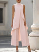 Women's sleeveless high-neck outfit set with asymmetric overlay top and wide-leg cropped trousers