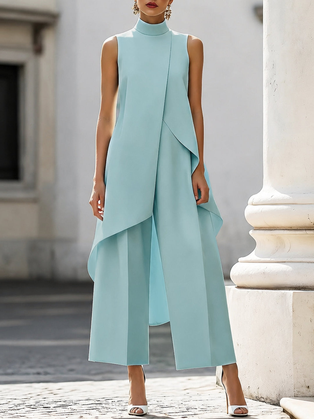 Women's sleeveless high-neck outfit set with asymmetric overlay top and wide-leg cropped trousers