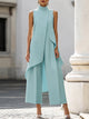 Women's sleeveless high-neck outfit set with asymmetric overlay top and wide-leg cropped trousers