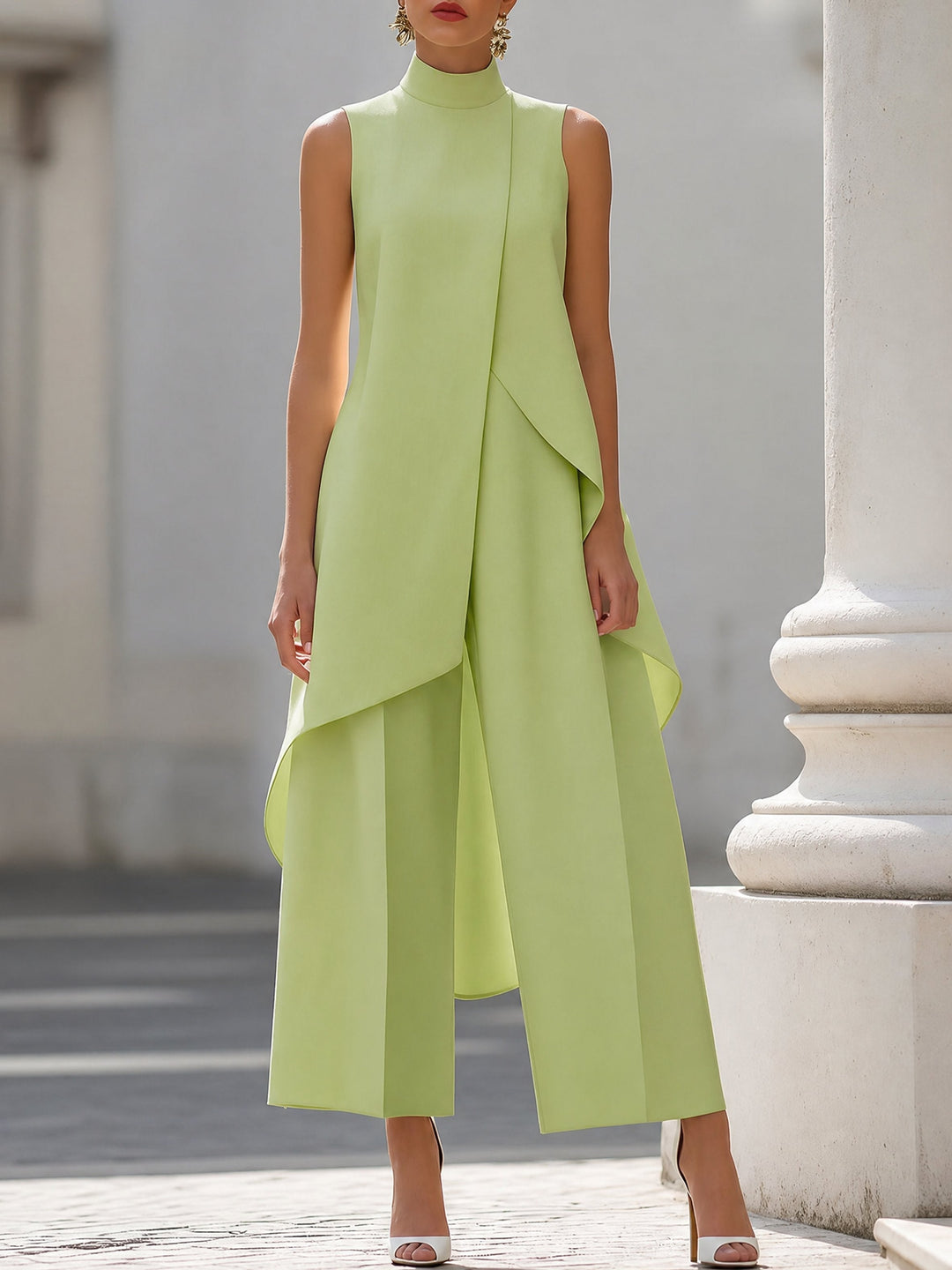 Women's sleeveless high-neck outfit set with asymmetric overlay top and wide-leg cropped trousers