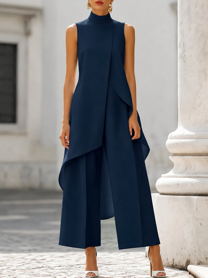 Women's sleeveless high-neck outfit set with asymmetric overlay top and wide-leg cropped trousers