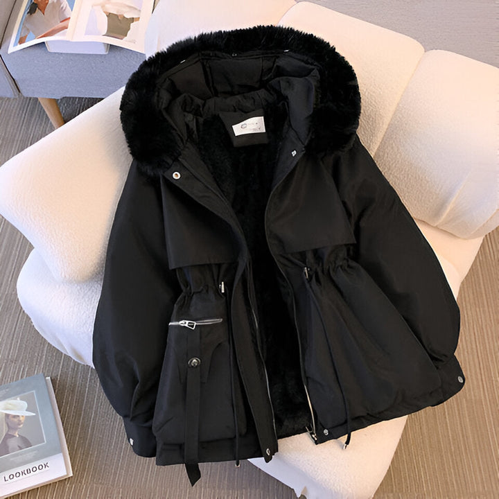 Women's hooded winter coat with fluffy trimmed hood and drawstring waist