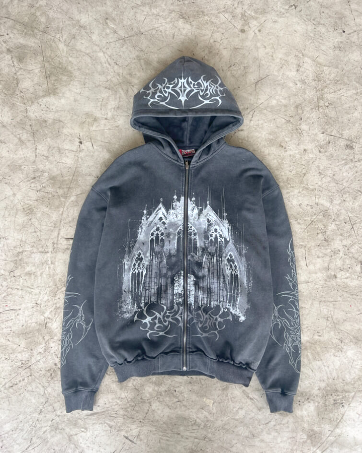 Unisex black graphic zip-up hoodie with cathedral print