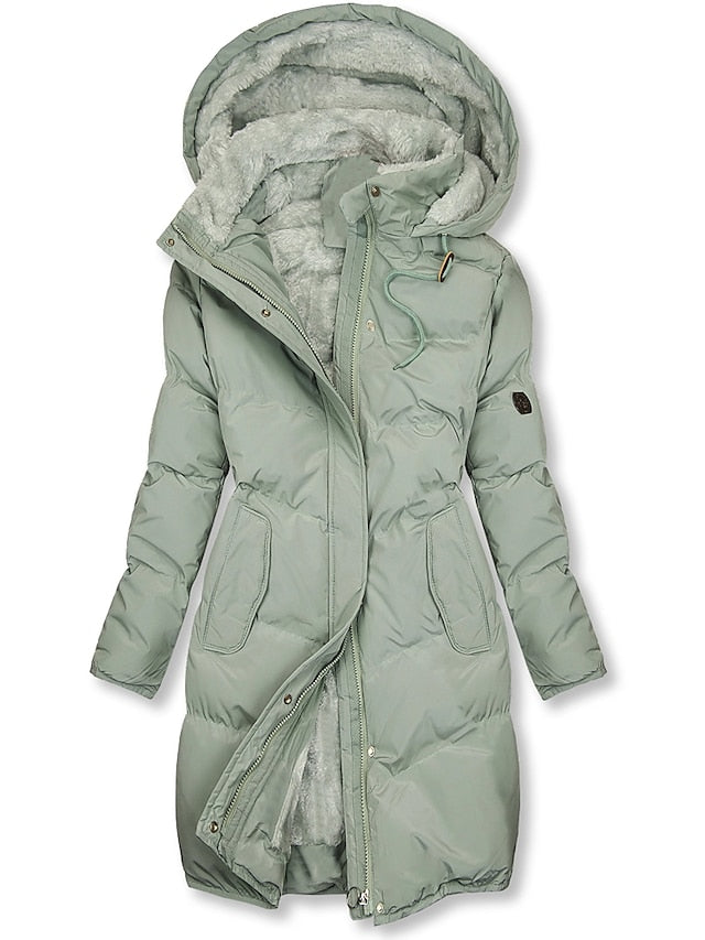 Women's longline hooded parka coat with plush lining, zipper front and front pockets