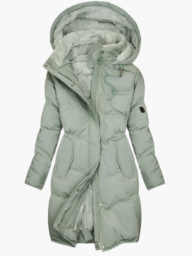 Women's long quilted hooded coat with fur-effect lining and front pockets