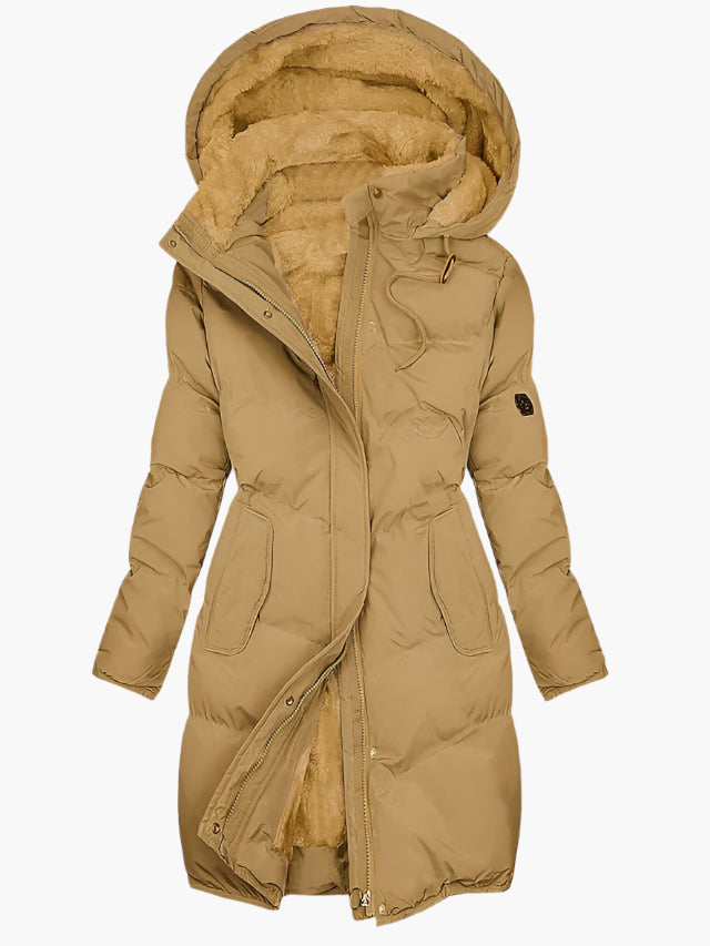 Women's long quilted hooded coat with fur-effect lining and front pockets