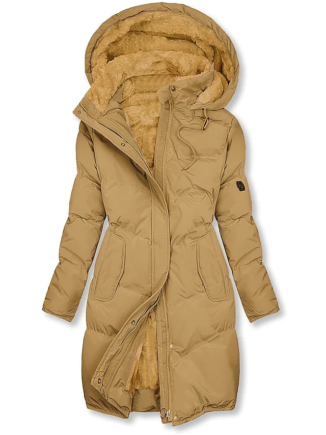Women's longline hooded parka coat with plush lining, zipper front and front pockets