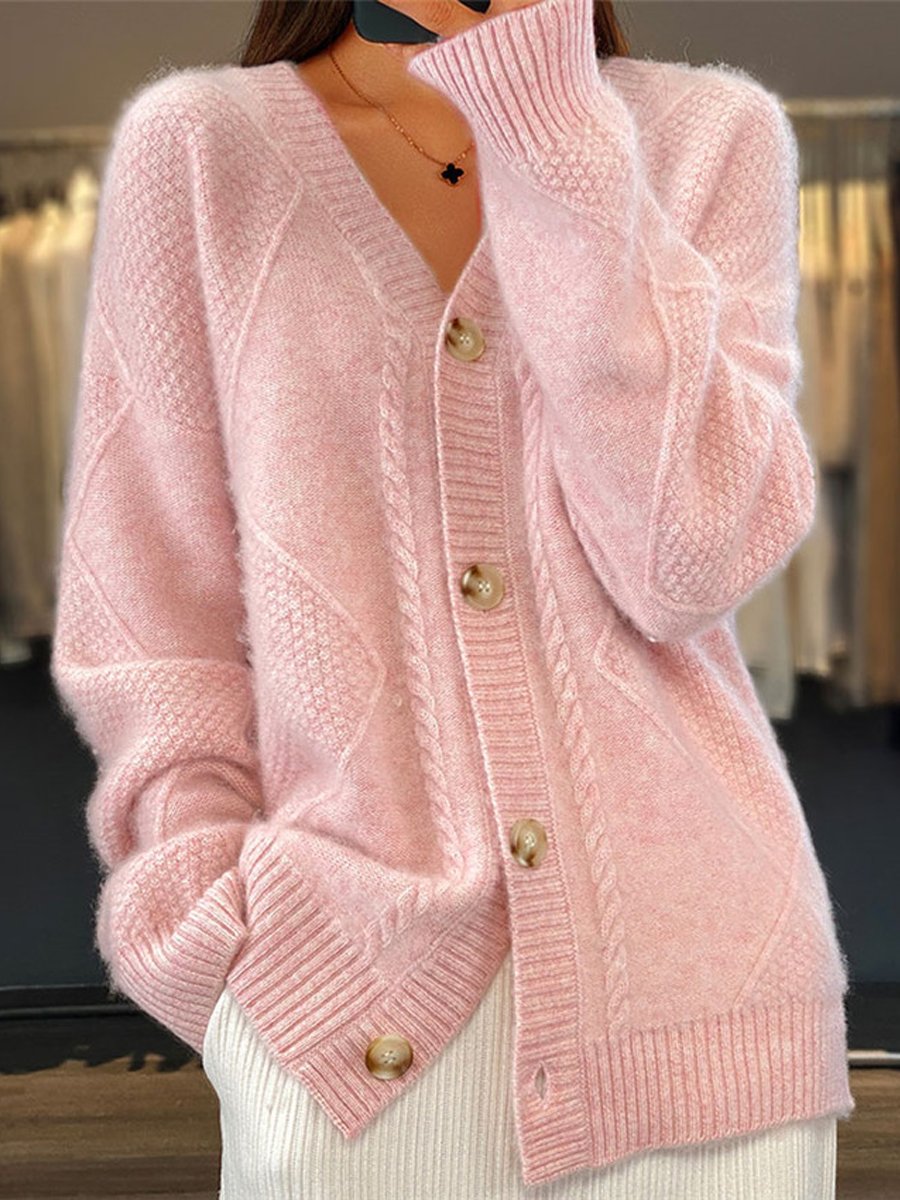 Women's cable knit V-neck cardigan with buttons