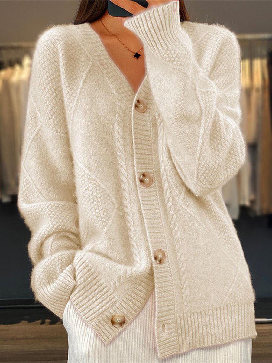 Women's cable knit V-neck cardigan with buttons