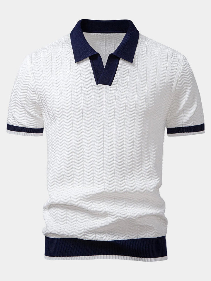 Men's short-sleeve textured knit polo shirt with contrasting collar and ribbed trims