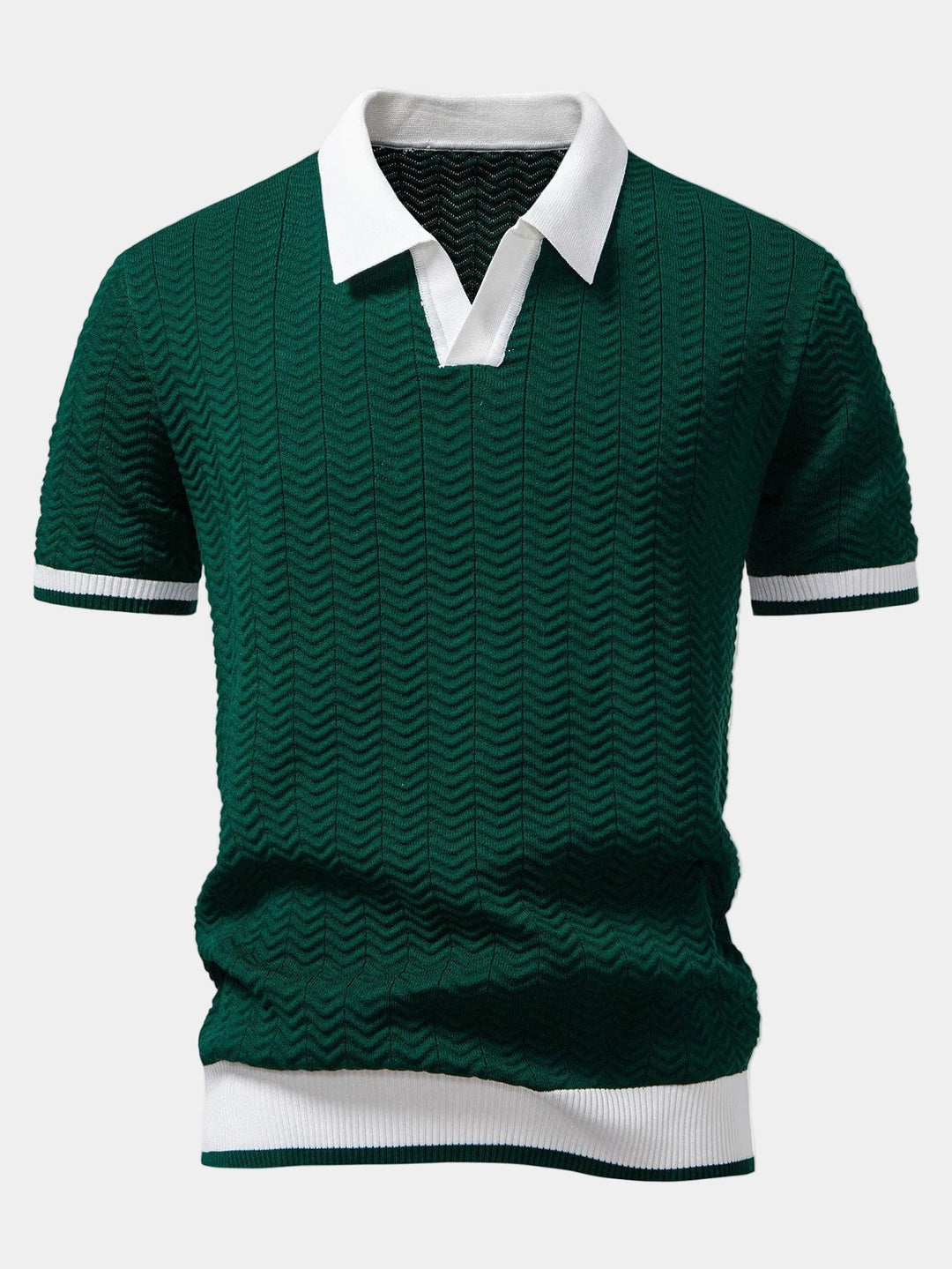 Men's short-sleeve textured knit polo shirt with contrasting collar and ribbed trims