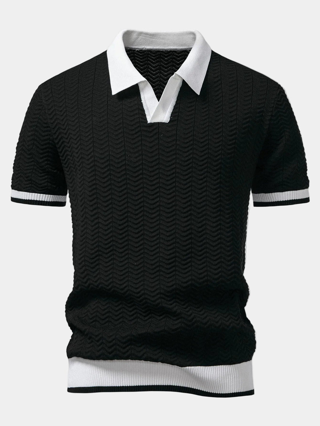 Men's short-sleeve textured knit polo shirt with contrasting collar and ribbed trims