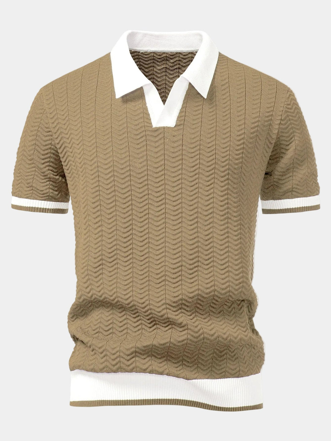 Men's short-sleeve textured knit polo shirt with contrasting collar and ribbed trims